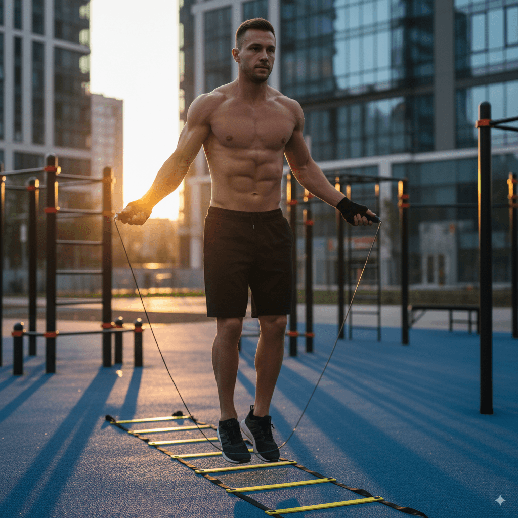 ntrenamiento dinámico que combina subidas de escalera y salto de cuerda para mejorar resistencia cardiovascular, coordinación y quema de grasa de manera efectiva y divertida.