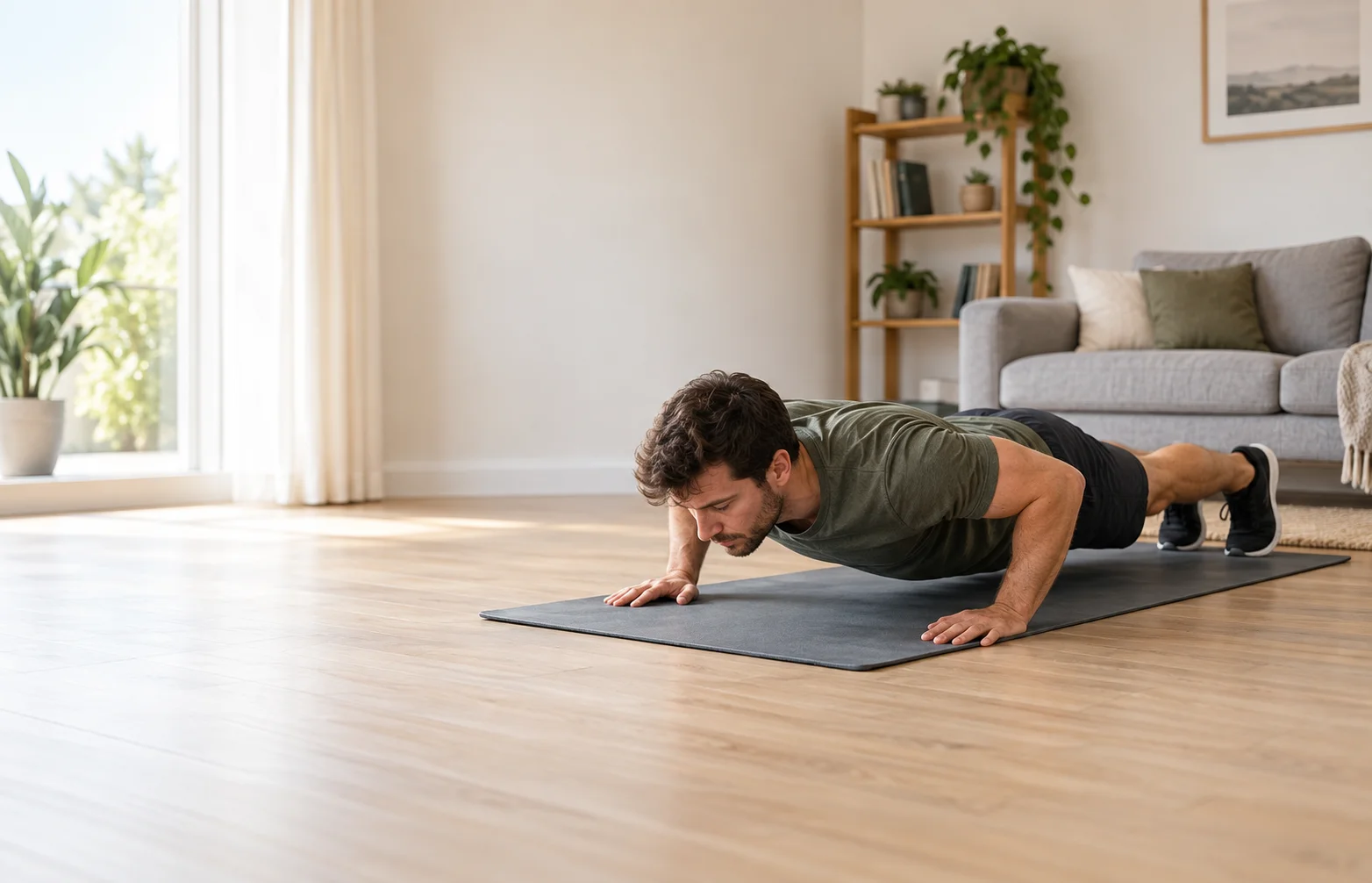 Principiante realizando flexiones en casa con técnica controlada