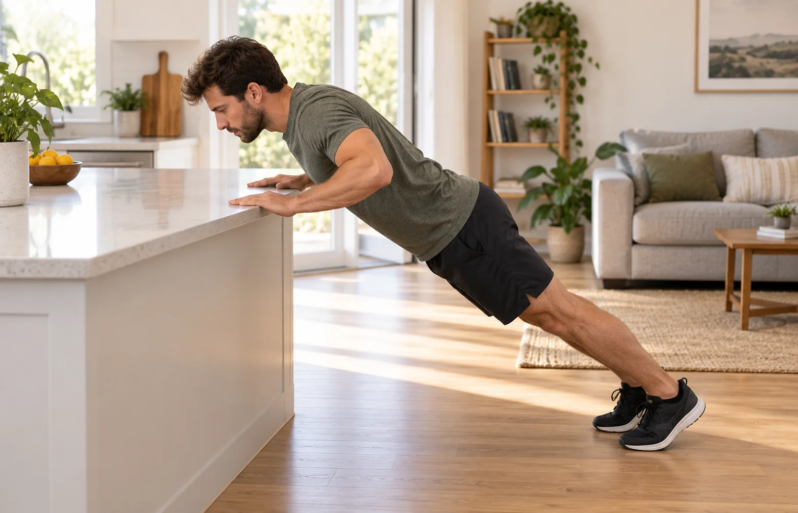 Flexiones inclinadas sobre una superficie estable para principiantes