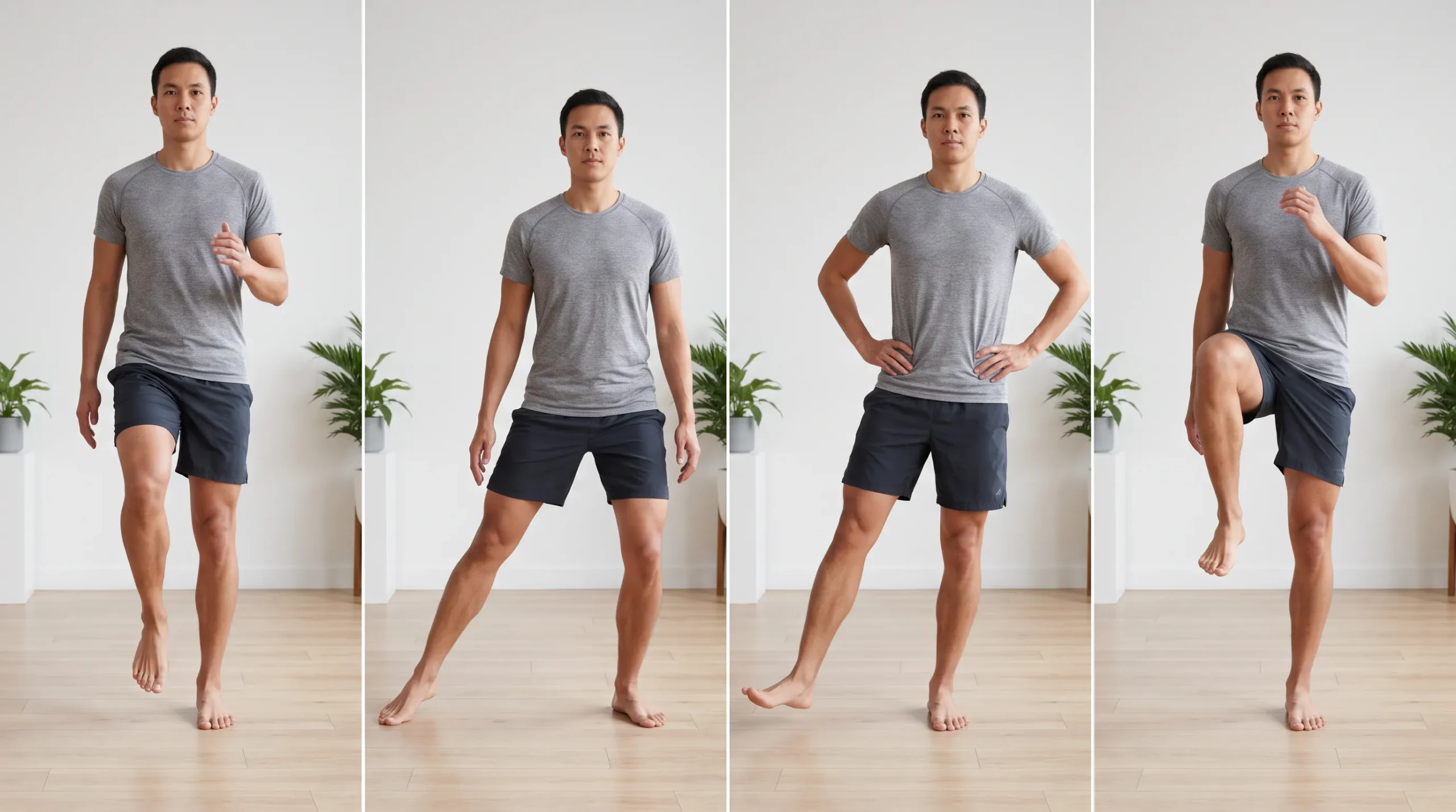 Marcha activa, paso lateral, toque suave y elevación de rodilla en cardio de bajo impacto