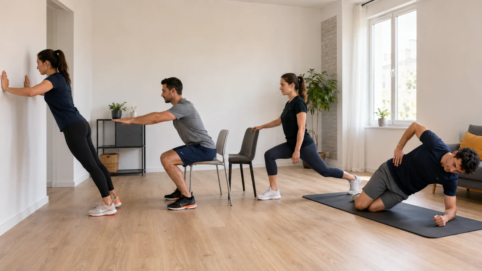 Variantes adaptadas de flexión, zancada, sentadilla y plancha para principiantes
