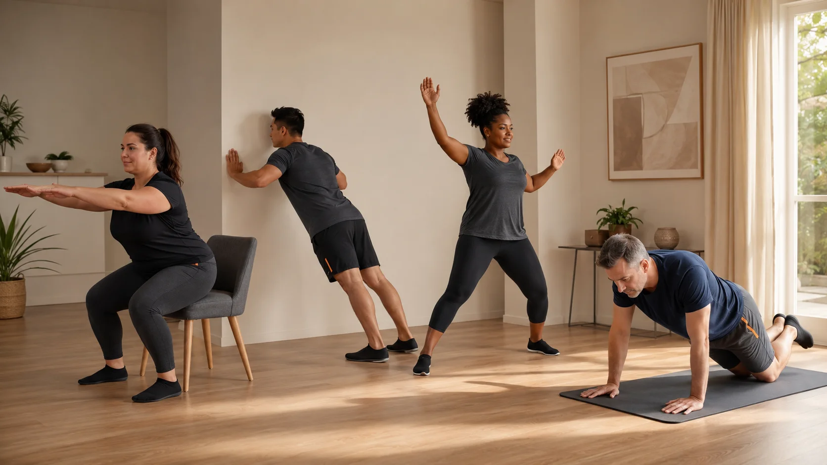Variantes de bajo impacto para adaptar un WOD en casa: sentadilla a silla, flexión en pared, step jack y plancha con rodillas.