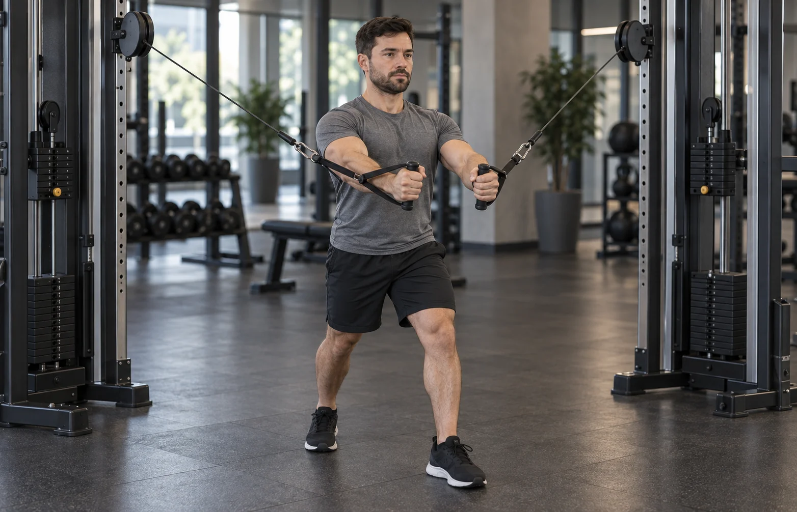 Aperturas en polea para principiantes con codos ligeramente flexionados y torso estable