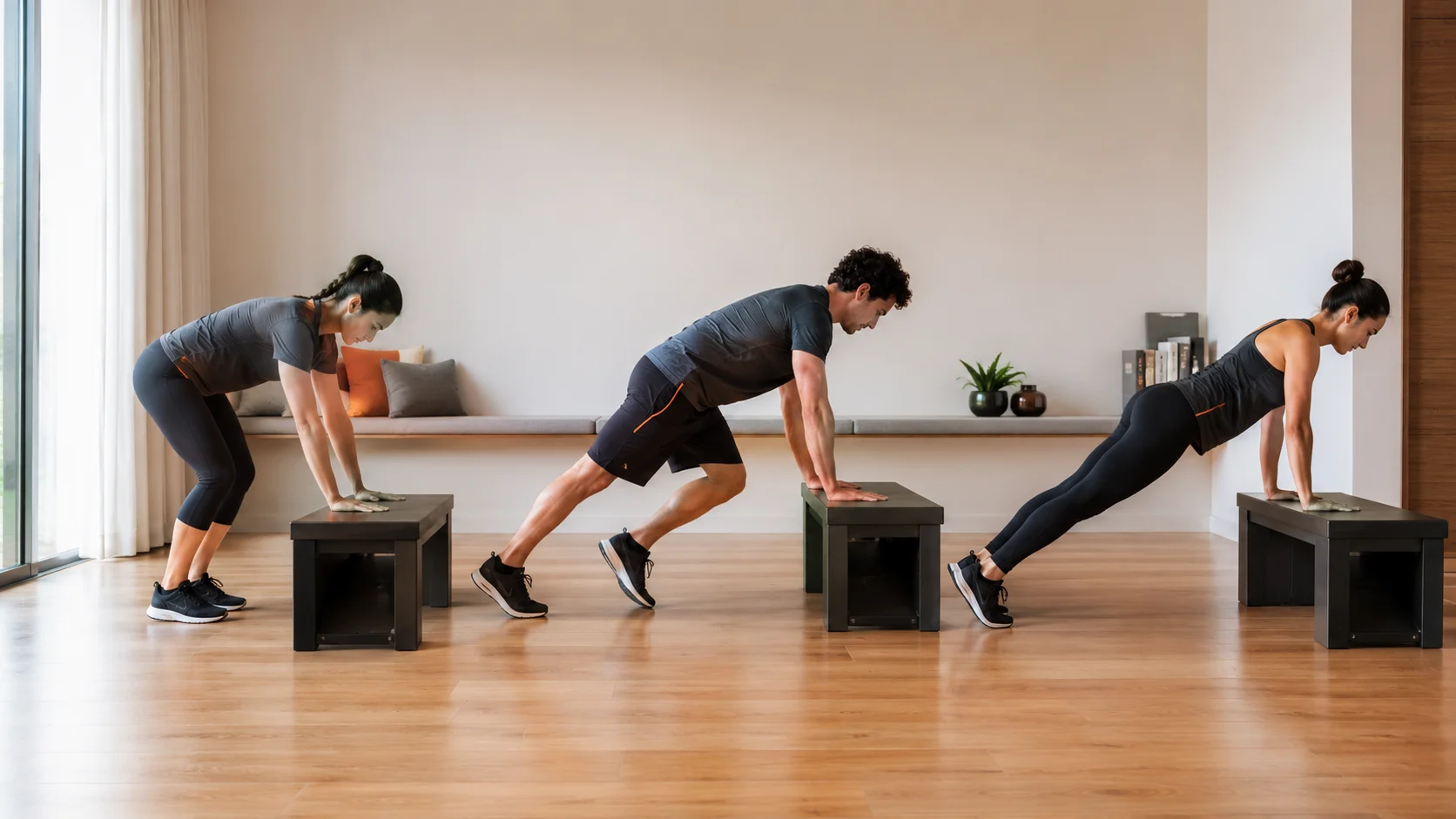 Fases básicas de un burpee modificado sin salto para principiantes entrenando en casa.