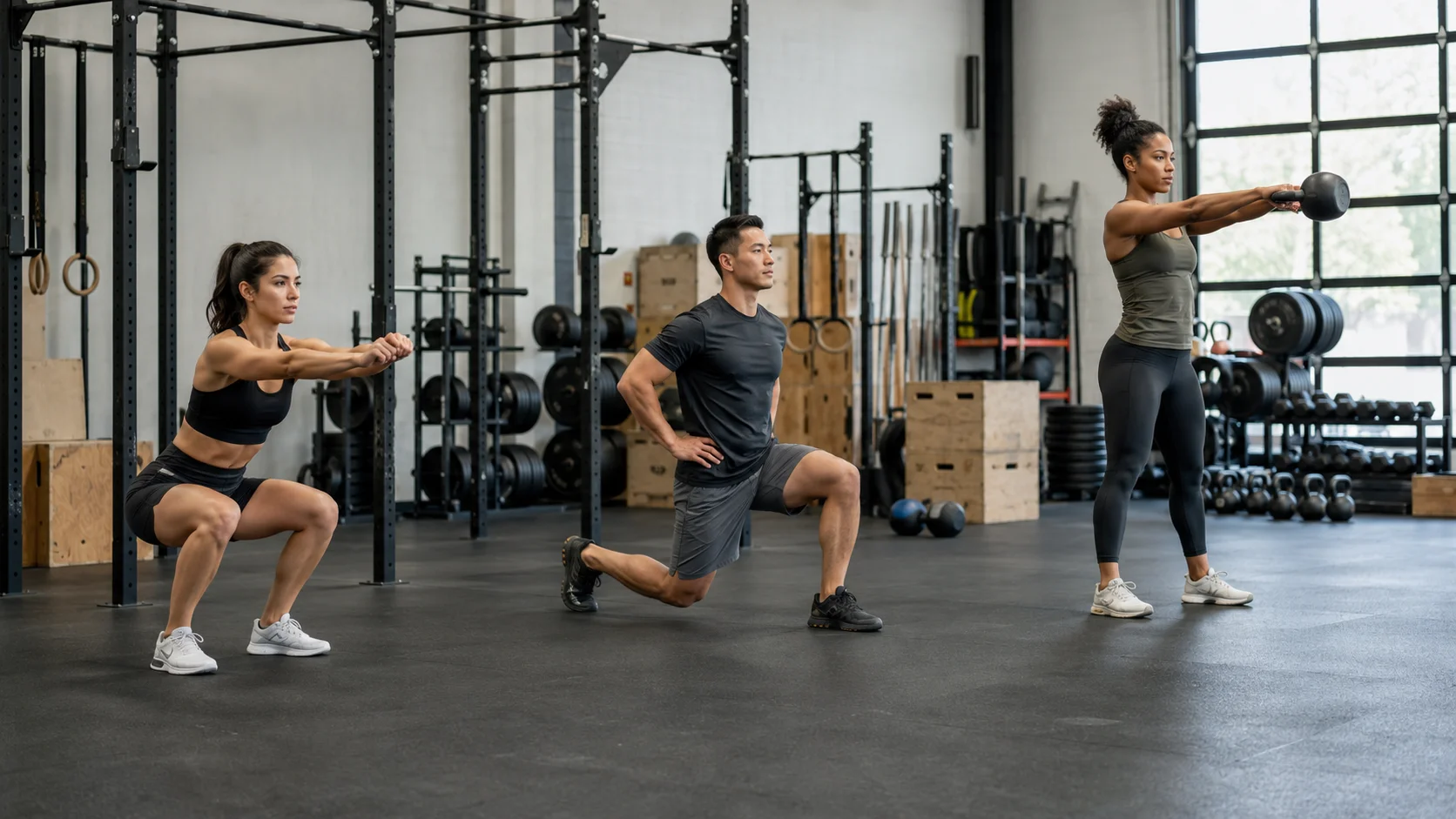 Atletas realizando un calentamiento progresivo antes de un WOD de nivel intermedio