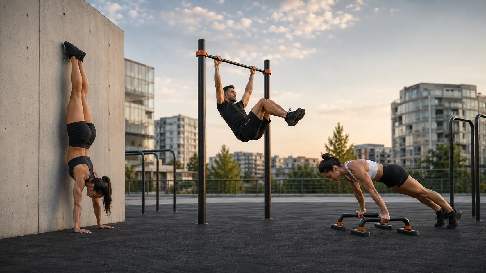 Atletas practicando handstand asistido, una progresión colgada en tuck y planche lean sobre paralelas