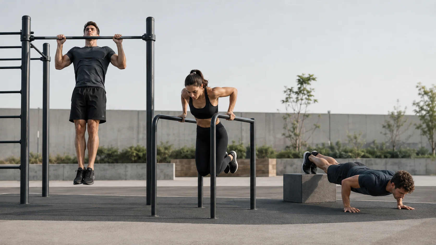 Dominada estricta, fondos en paralelas y flexión declinada en una rutina intermedia de calistenia