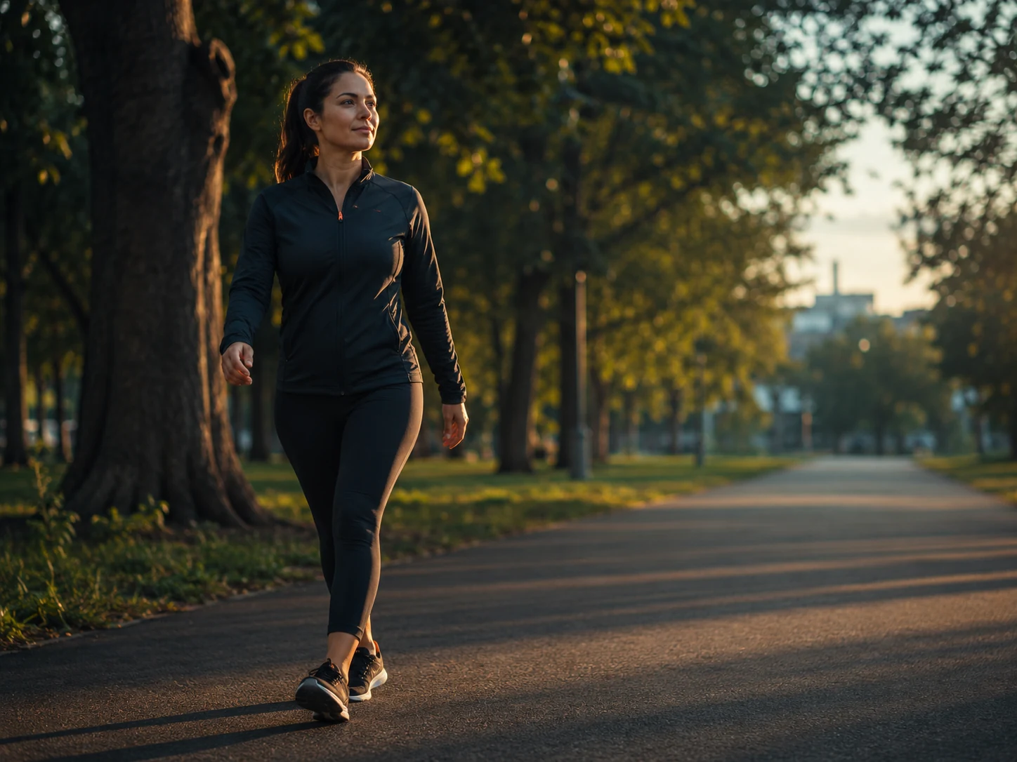 Persona caminando a paso activo en un parque durante una rutina de cardio inicial