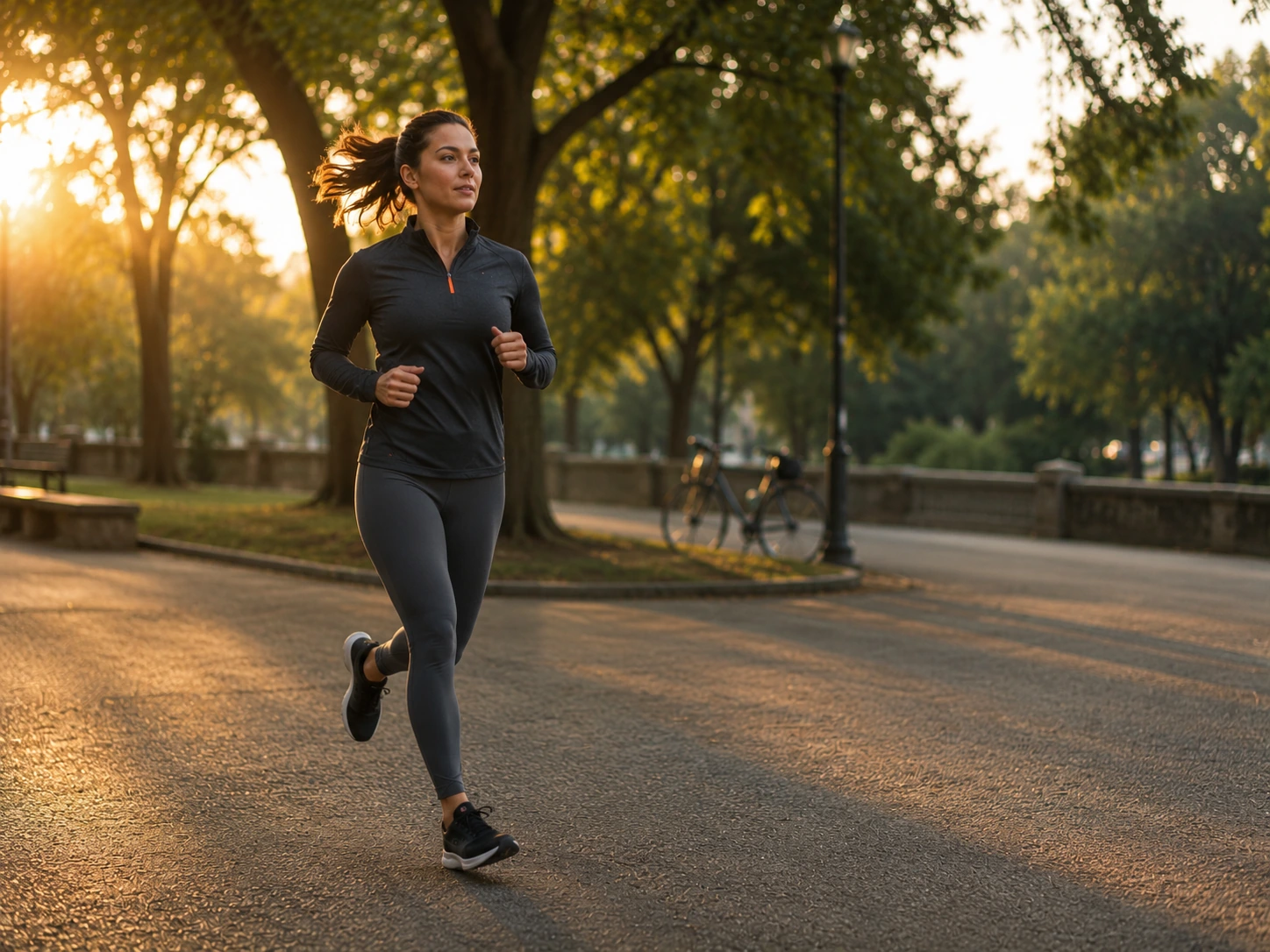 Persona corriendo a ritmo moderado por un parque para representar cardio intermedio