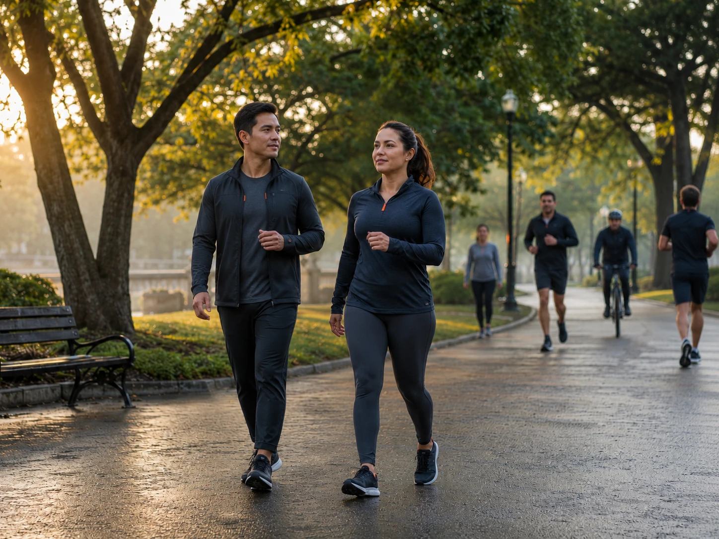 Mujer caminando a paso ligero por un parque para representar cardio para principiantes