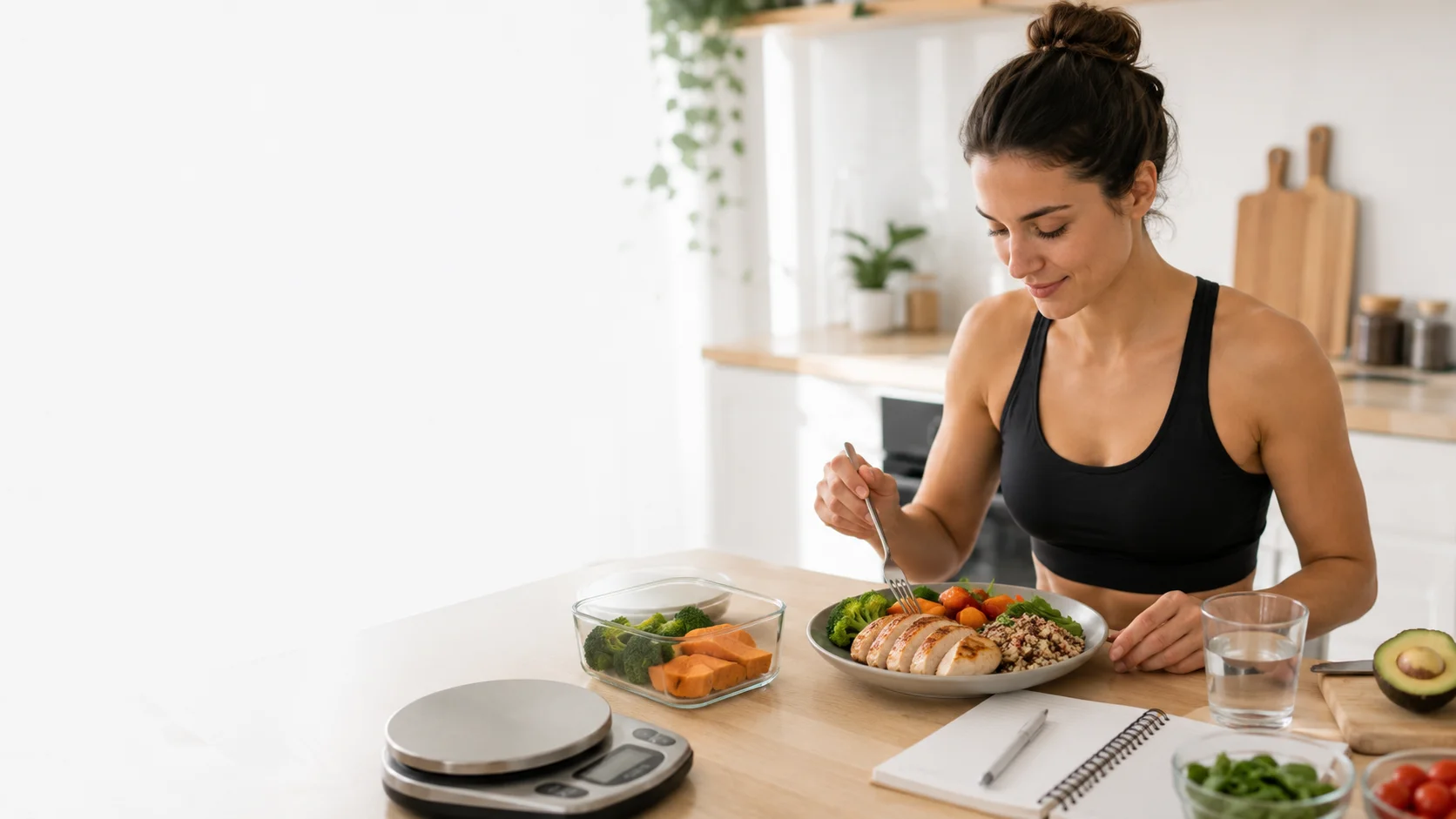 Plato equilibrado junto a una báscula de cocina y un cuaderno