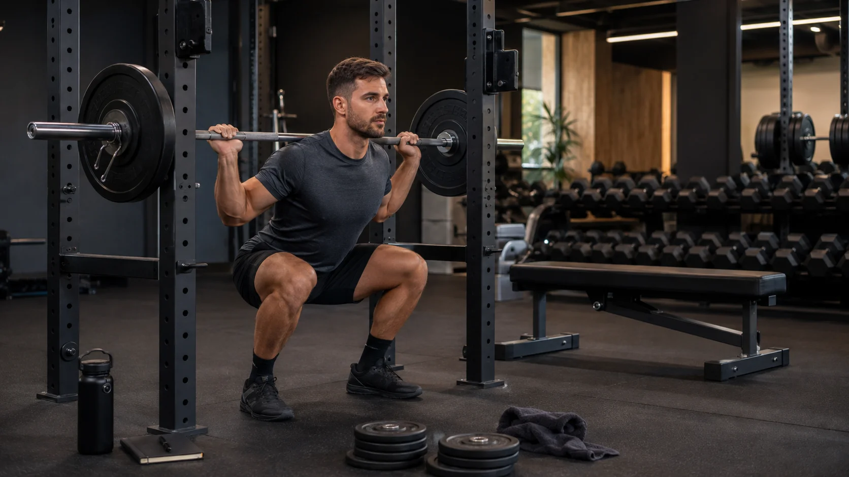 Atleta intermedio realizando una sesión de descarga con carga moderada y técnica controlada