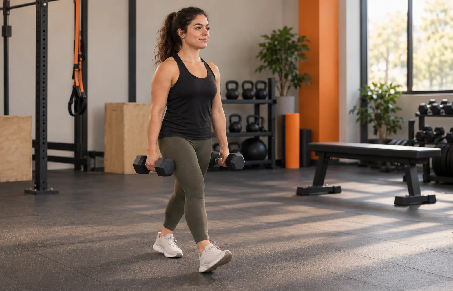 Principiante realizando farmer walk con mancuernas durante una sesión de fuerza