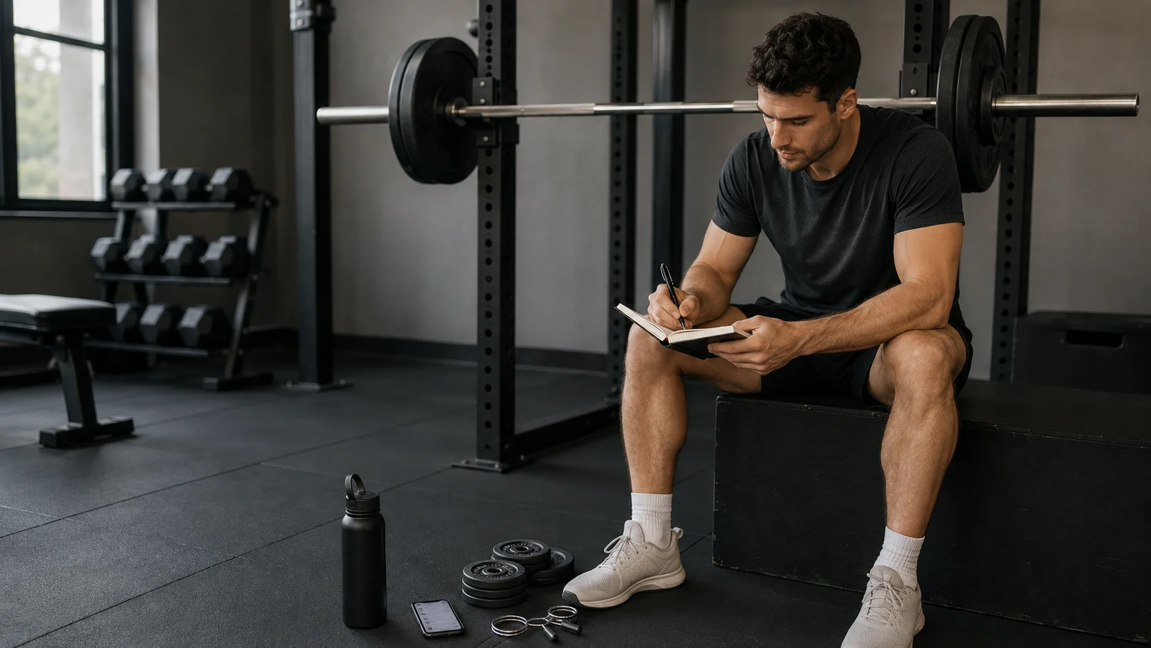 Atleta intermedio registrando cargas y repeticiones para aplicar doble progresión