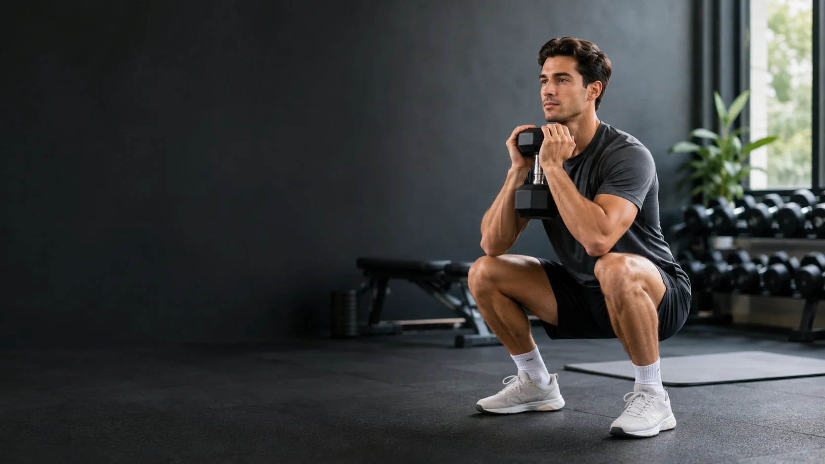 Persona principiante realizando una sentadilla goblet con técnica controlada en un gimnasio