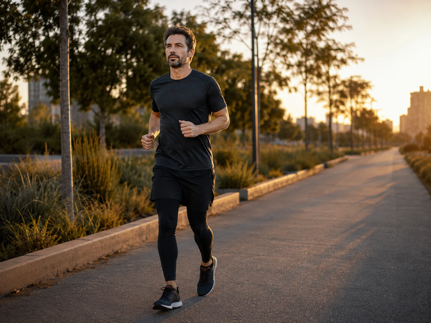 Hombre empezando a correr a ritmo suave por una vía verde