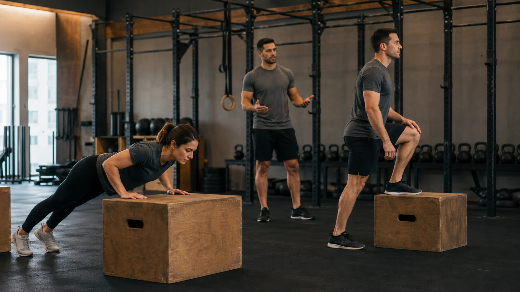 Variantes escaladas de flexión inclinada y step-up para principiantes de CrossFit