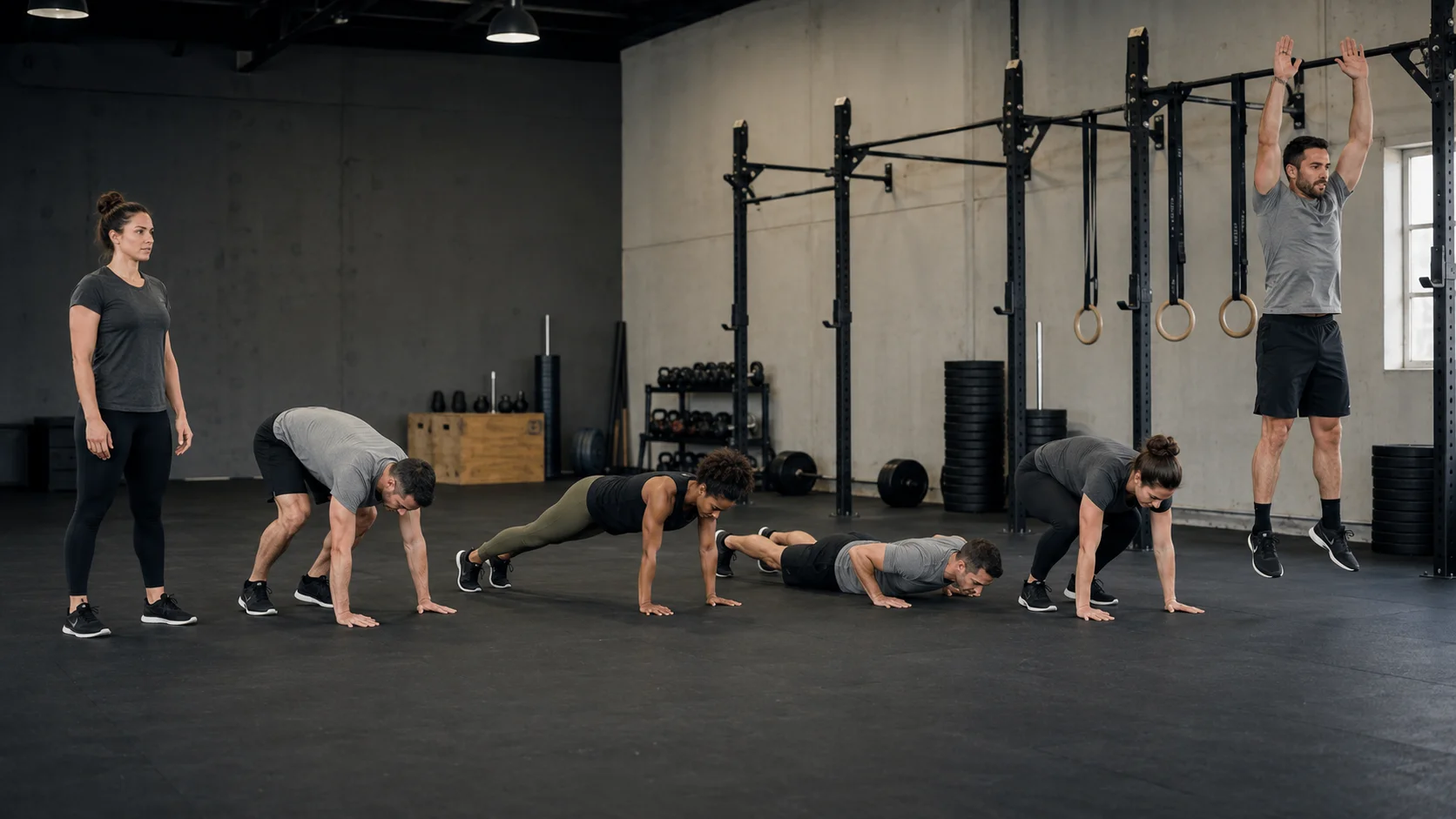 Fases del burpee correcto para principiantes desde la posición de pie hasta el salto final