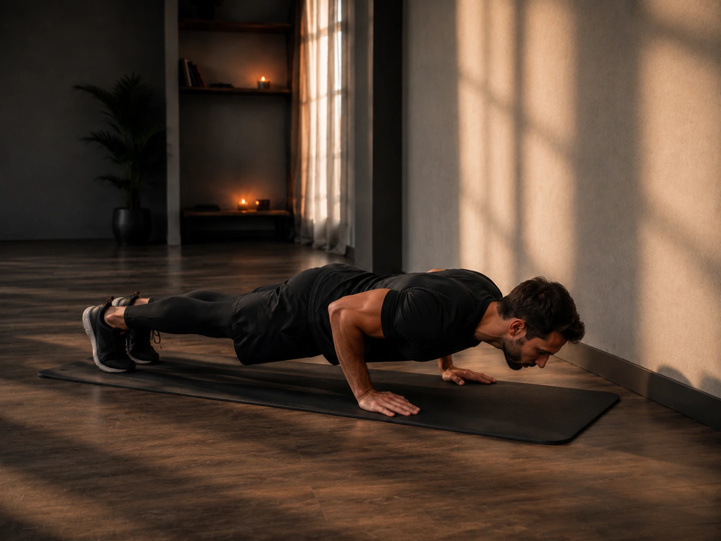 Persona realizando una flexión clásica con cuerpo alineado, manos apoyadas y codos flexionados