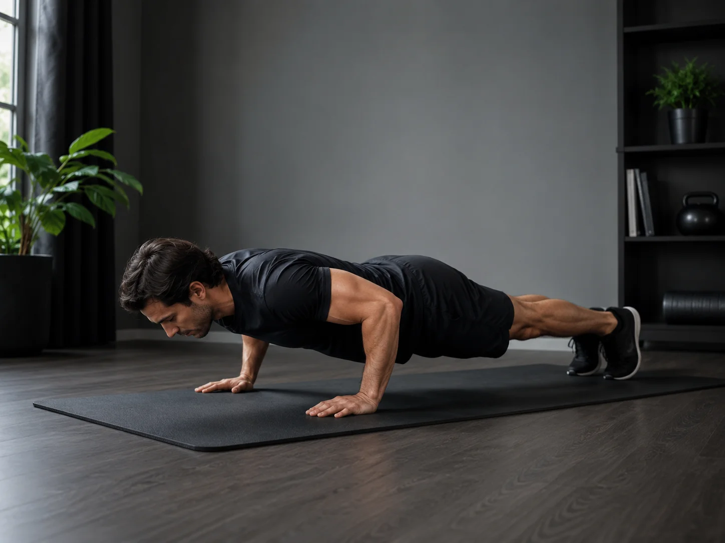 Hombre realizando una flexión clásica con el cuerpo alineado y las manos a la anchura de los hombros