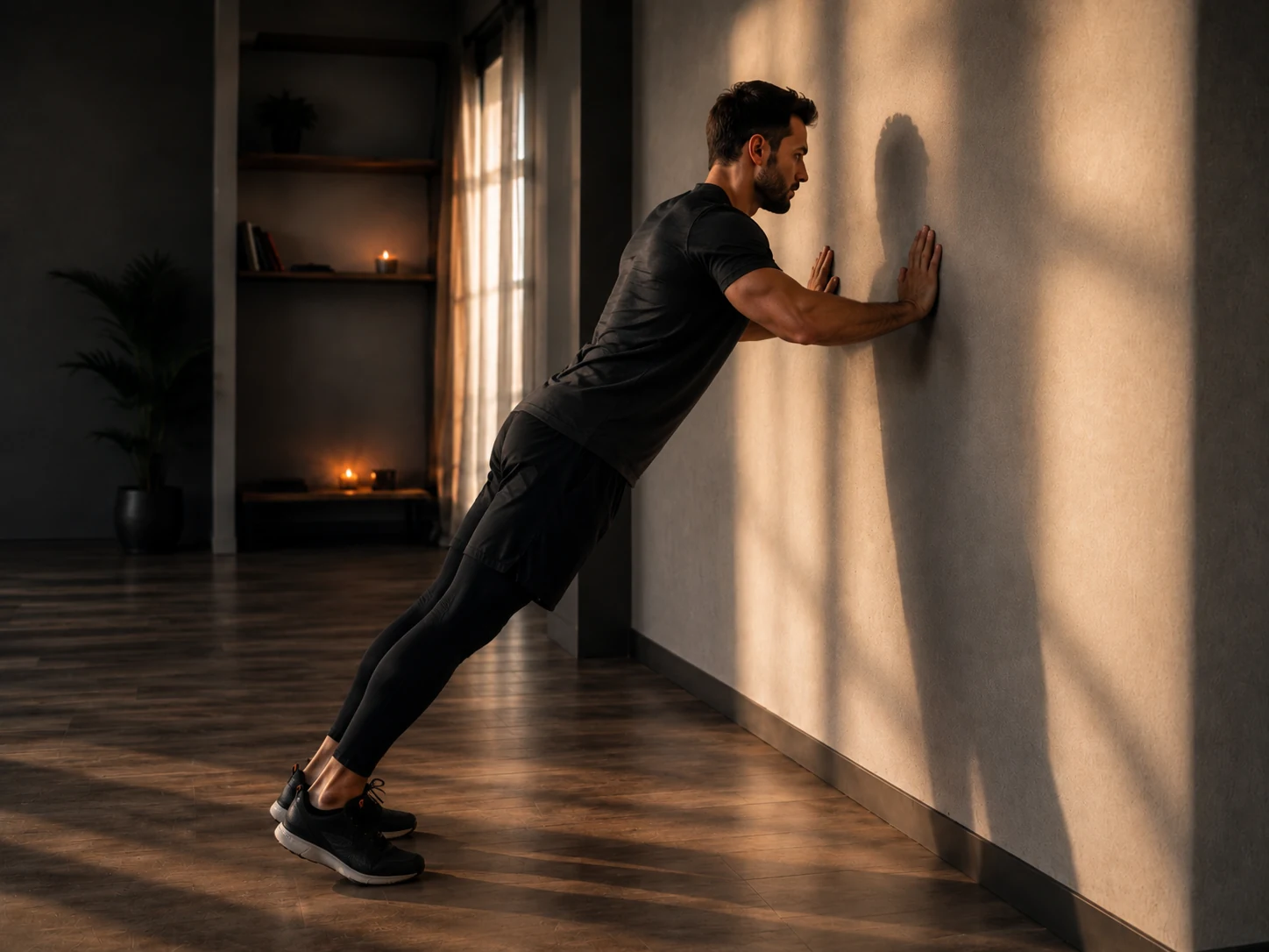 Persona realizando flexiones contra la pared con el cuerpo alineado y las manos a la altura del pecho