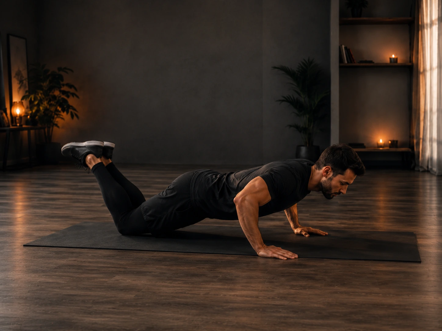 Persona realizando flexiones de rodillas con torso alineado y manos apoyadas en el suelo