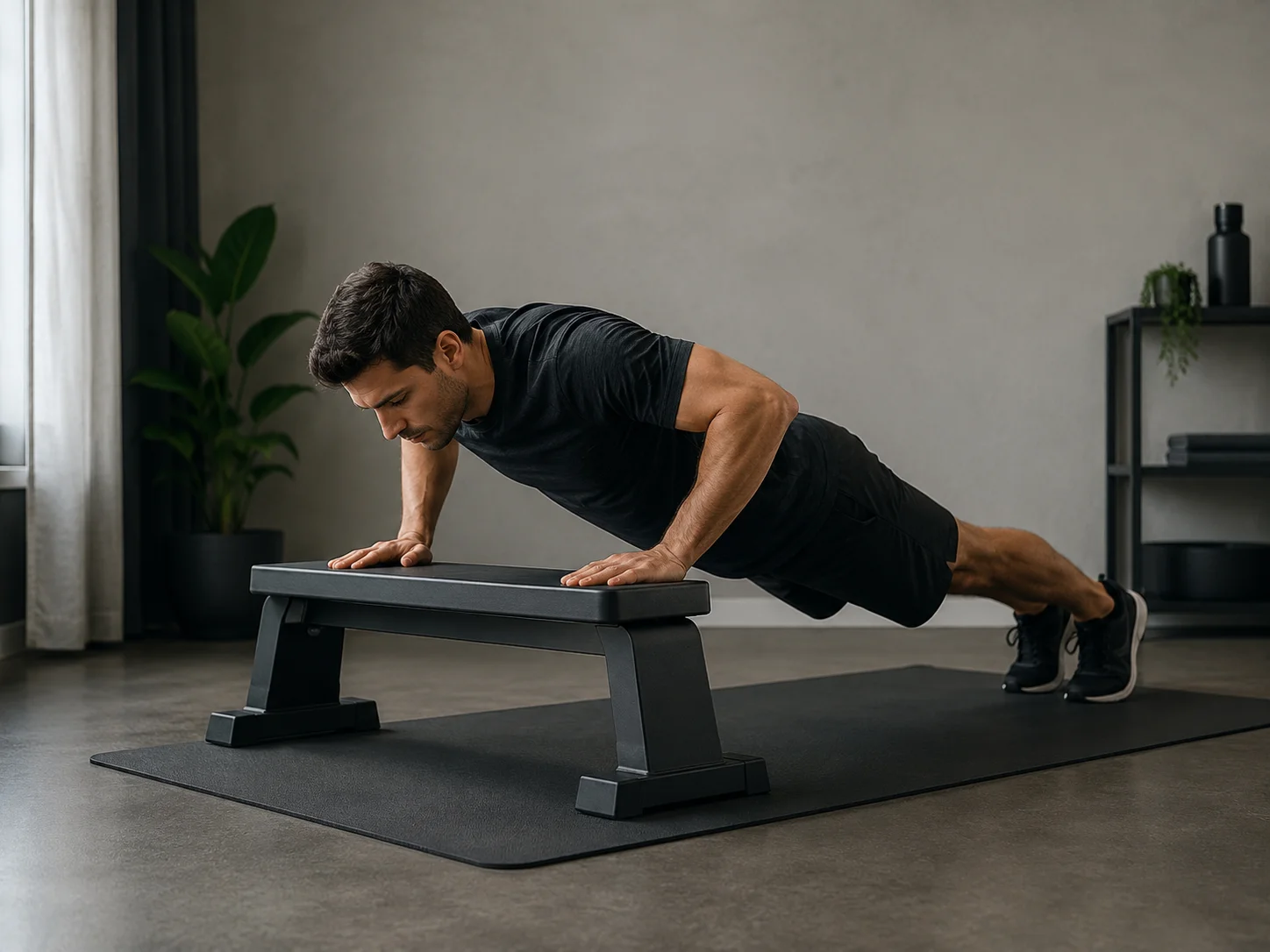 Hombre realizando una flexión con las manos elevadas sobre un banco estable en un entrenamiento de calistenia