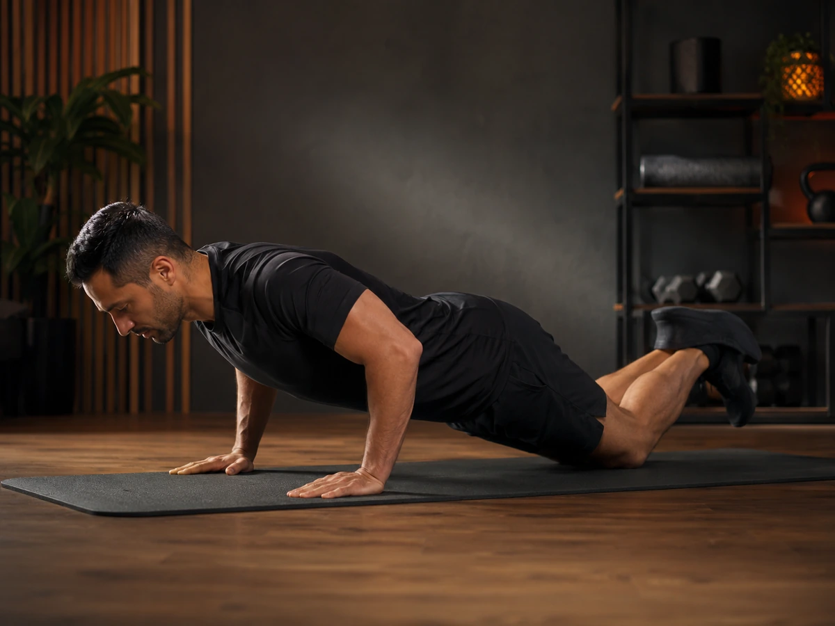 Flexión de rodillas con manos a la anchura de los hombros, cuerpo alineado de rodillas a cabeza y abdomen activo