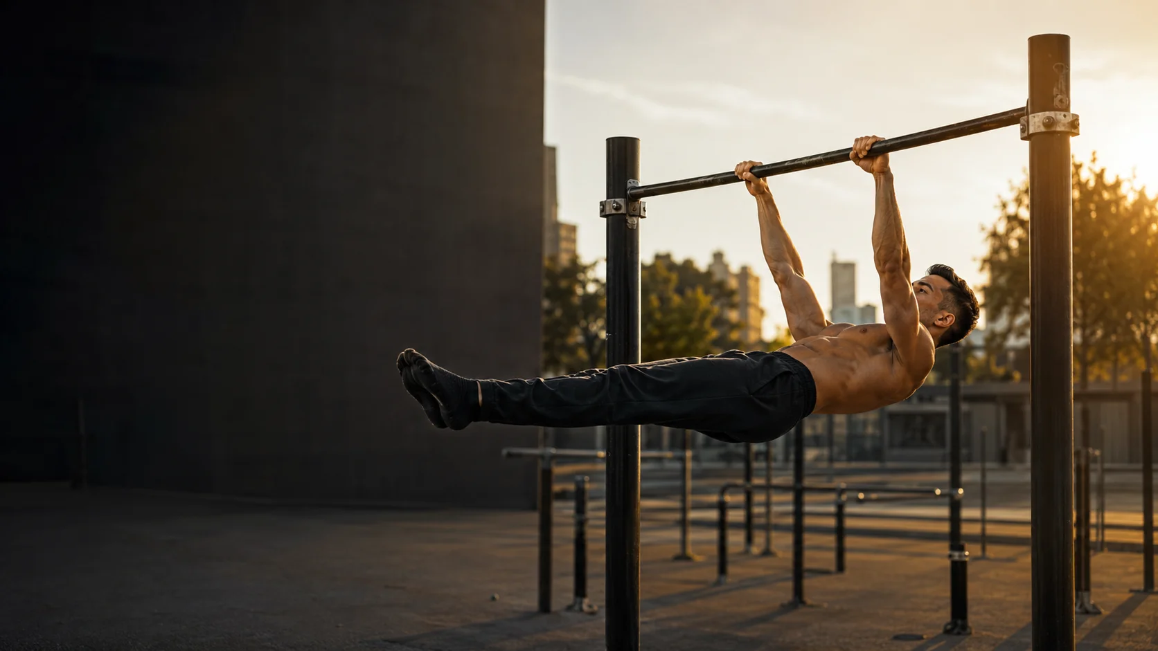 Atleta realizando un front lever completo con el cuerpo alineado en una barra de calistenia