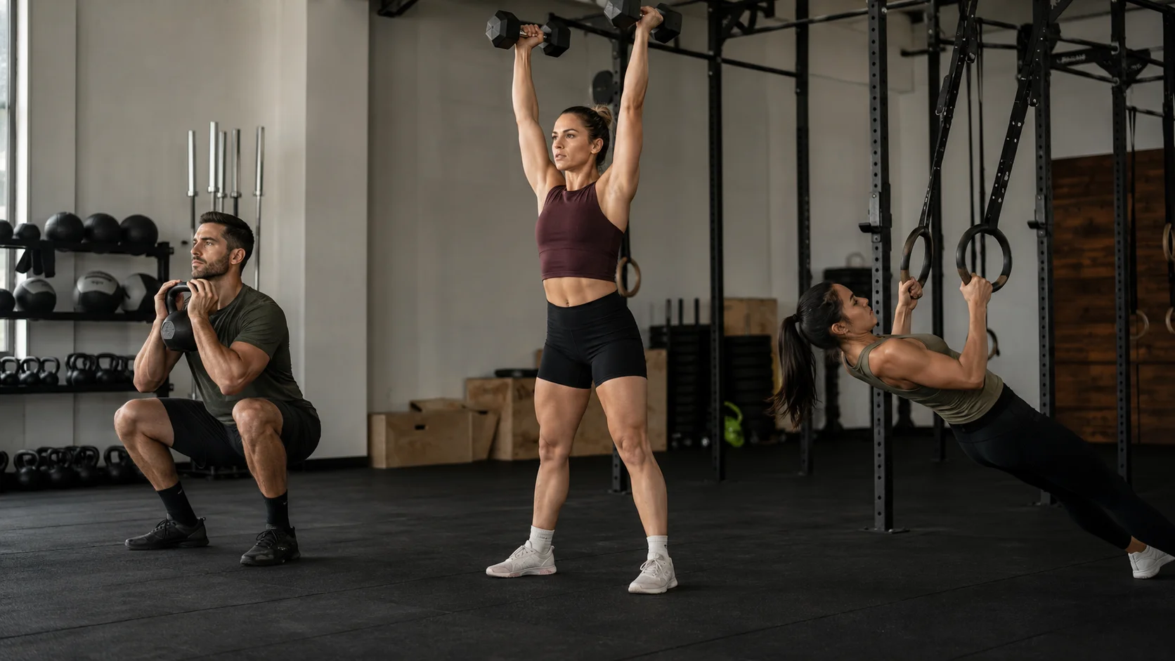 Entrenamiento intermedio de fuerza y resistencia con sentadilla goblet, push press y remo en anillas
