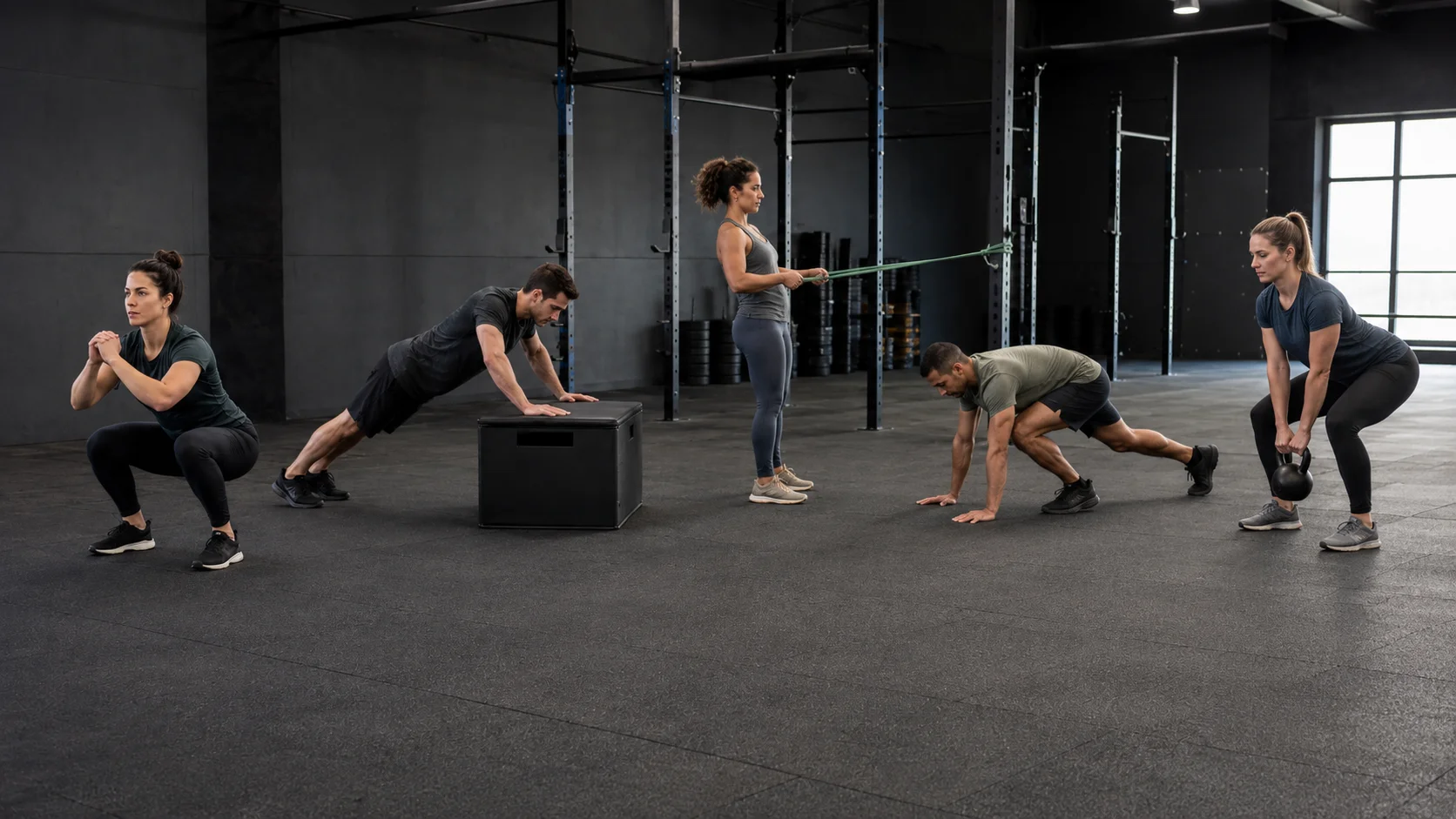 Sentadilla, flexión inclinada, remo con banda, burpee adaptado y peso muerto con kettlebell para principiantes