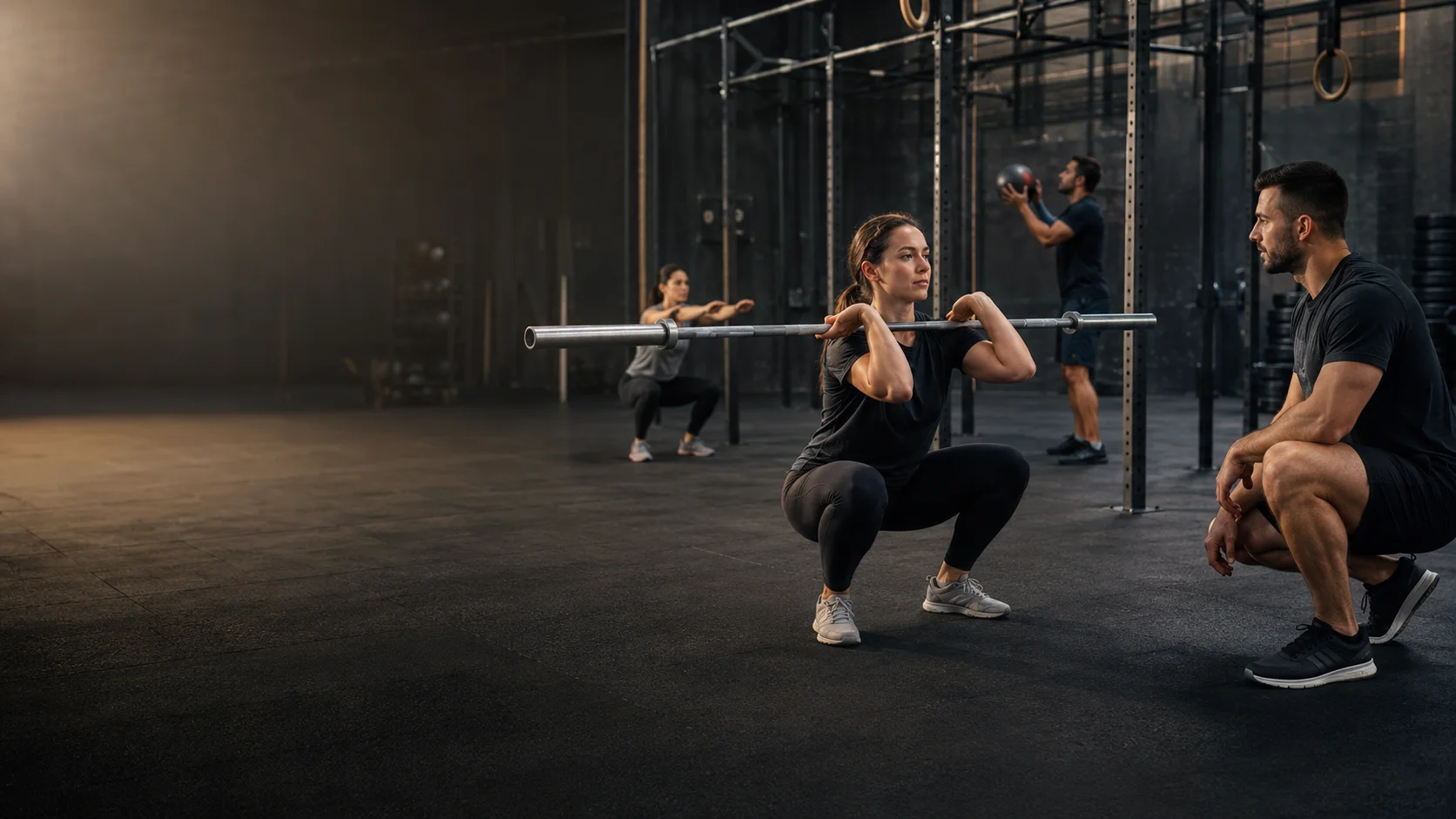Principiantes practicando movimientos básicos de CrossFit con técnica controlada en un box