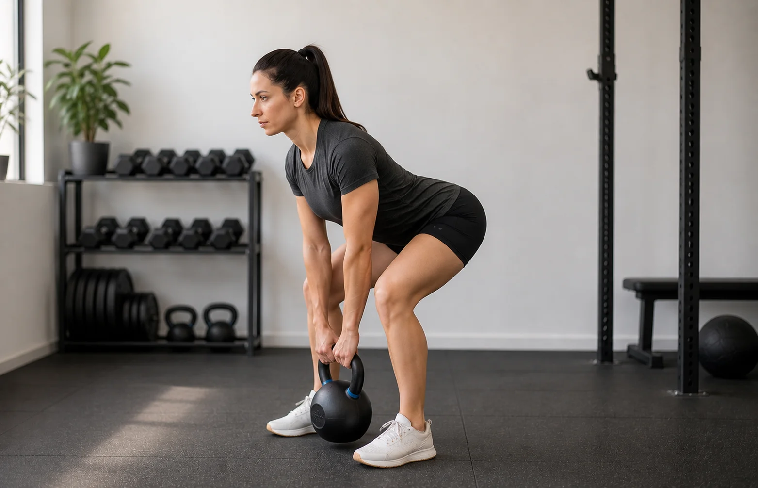 Principiante realizando peso muerto con kettlebell entre los pies