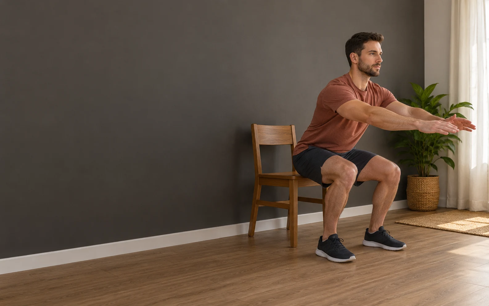Hombre realizando una sentadilla hacia una silla estable en casa.