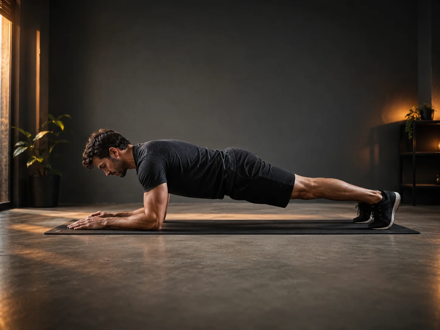 Persona realizando una plancha de antebrazos en casa con codos bajo hombros, abdomen activo y espalda estable