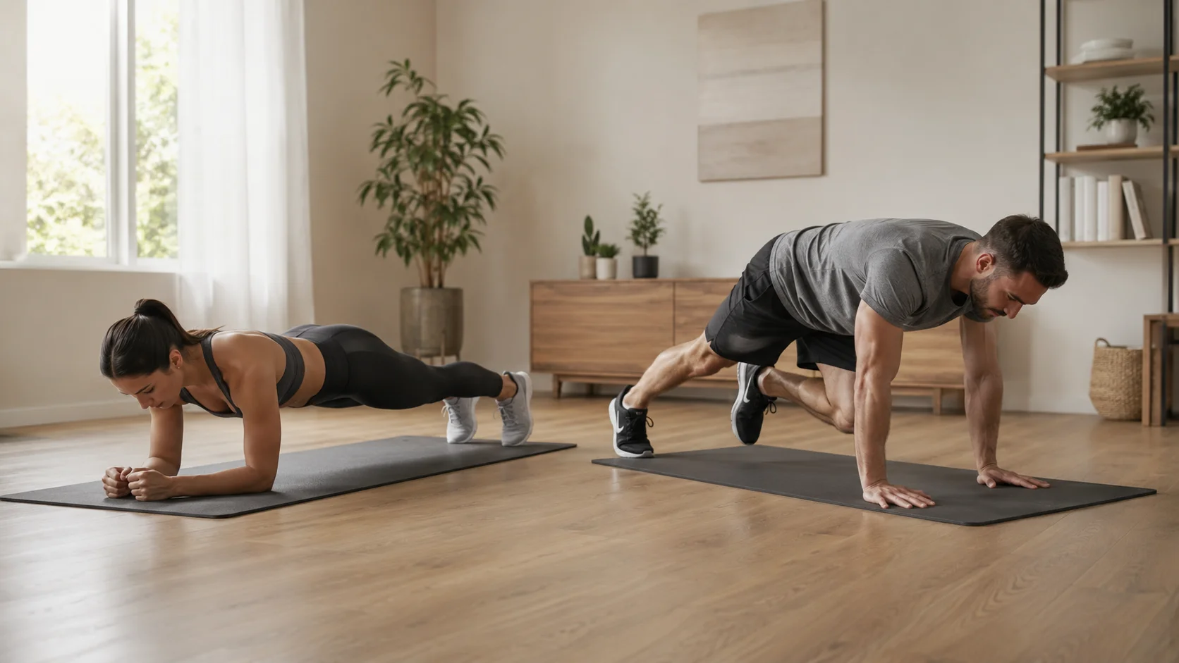 Plancha frontal y mountain climber lento realizados con técnica controlada