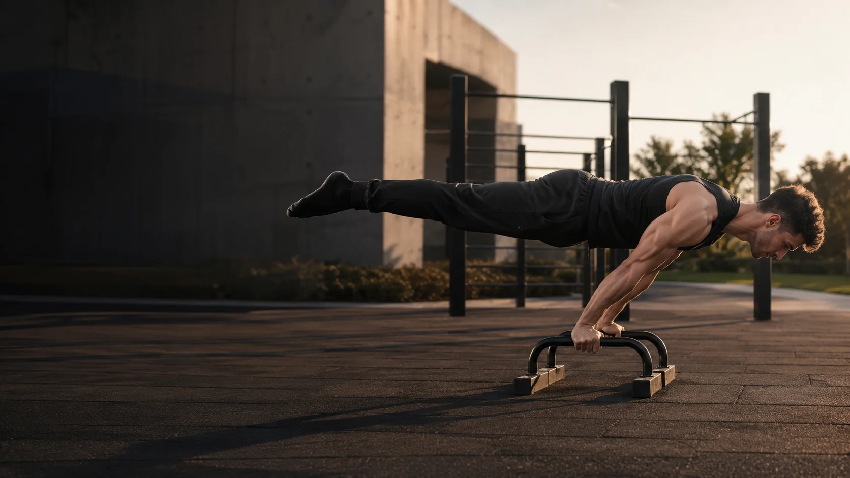 Atleta realizando full planche con brazos extendidos y cuerpo paralelo al suelo sobre paralelas bajas