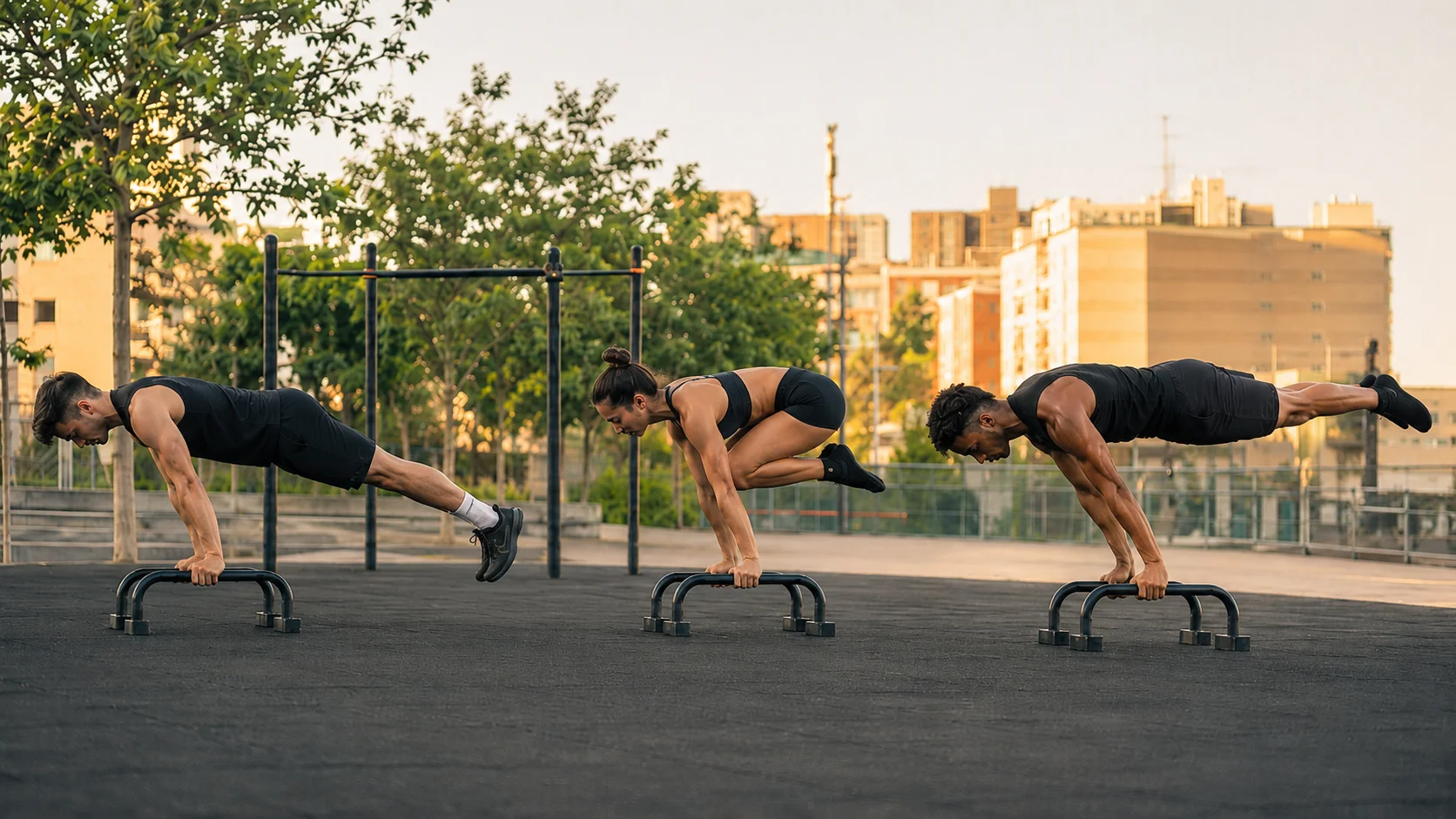 Planche lean, tuck planche y advanced tuck planche mostradas de izquierda a derecha