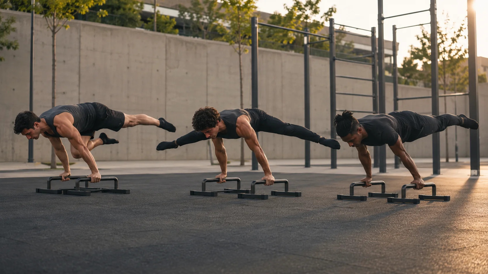 One leg planche, straddle planche y full planche mostradas de izquierda a derecha