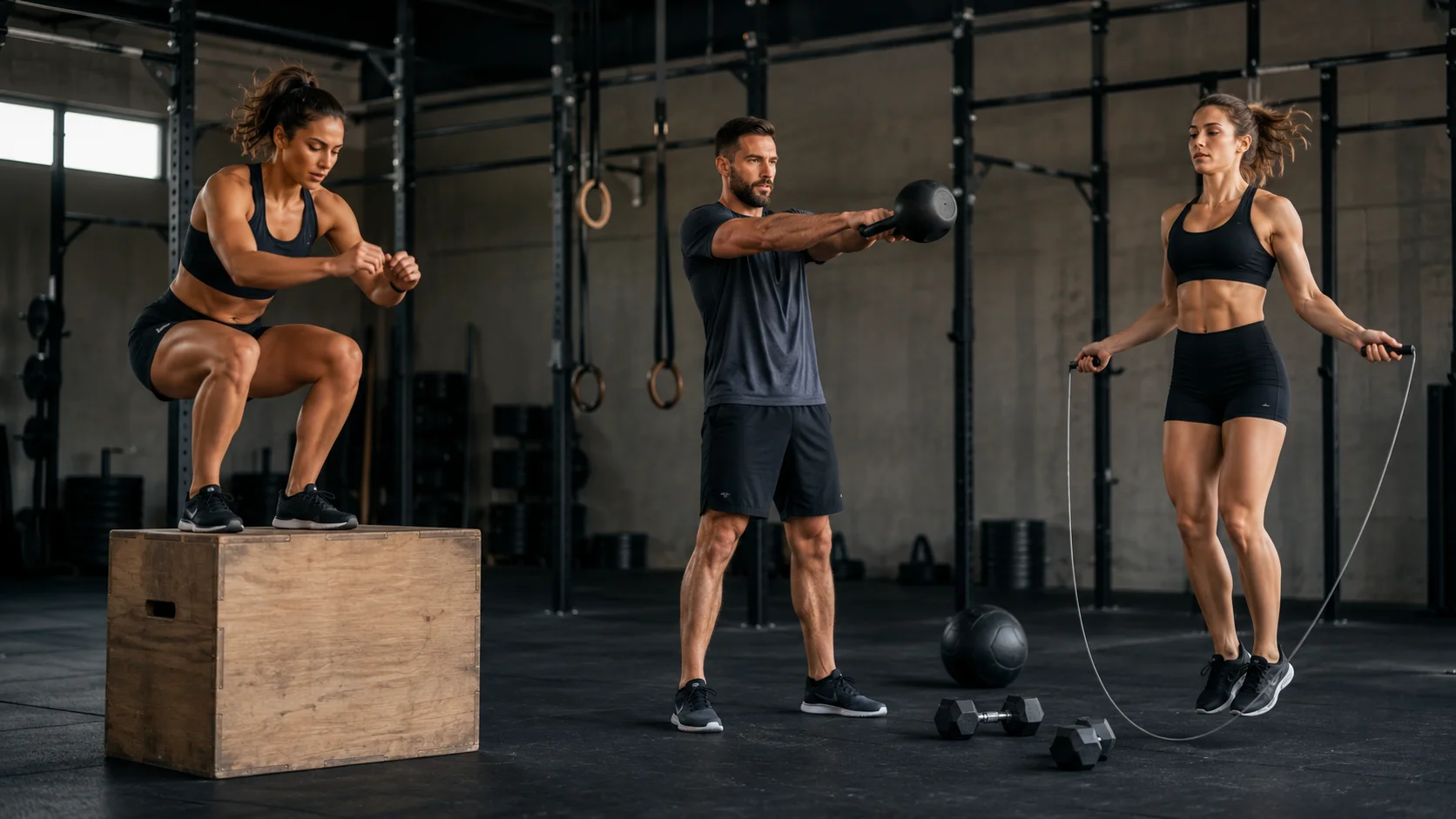 Atletas entrenando potencia con box jump, kettlebell swing y comba en un WOD intermedio