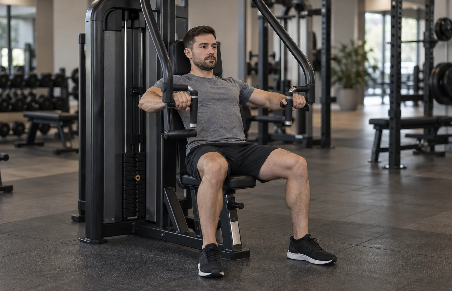 Principiante realizando press de pecho en máquina convergente con espalda apoyada y muñecas neutras