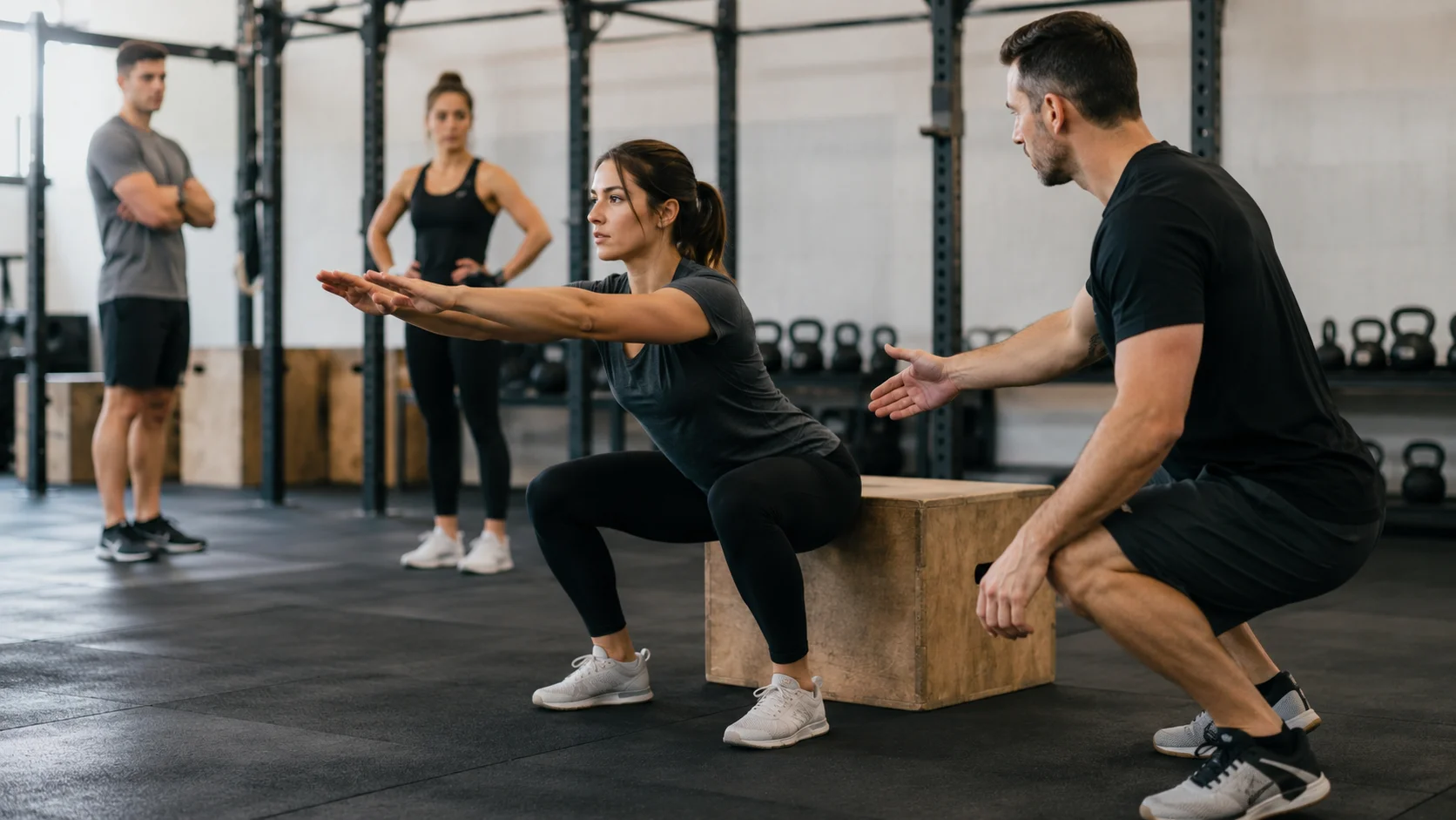 Entrenador guiando a una persona principiante durante el aprendizaje técnico en CrossFit
