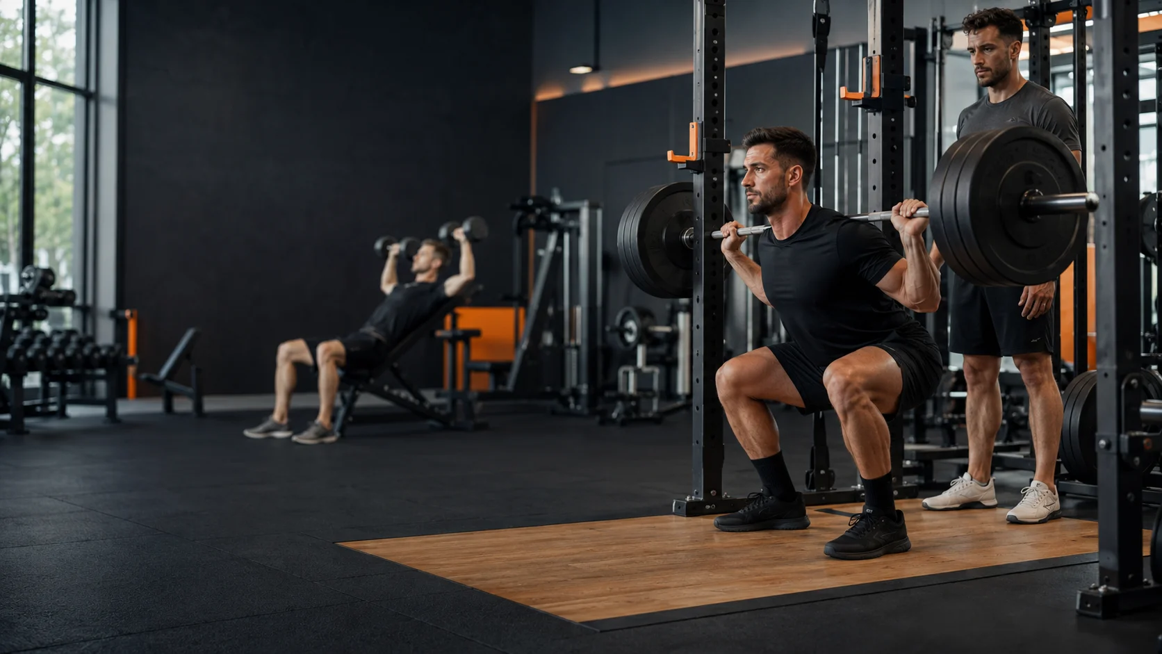 Atleta intermedio realizando una serie de hipertrofia controlada en un gimnasio de fuerza