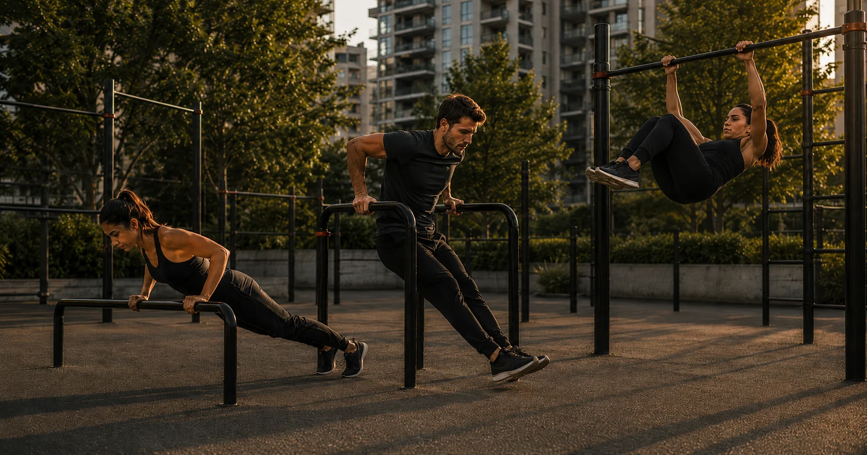 Tres atletas realizan variantes de calistenia de nivel principiante, intermedio y avanzado en un parque de barras.