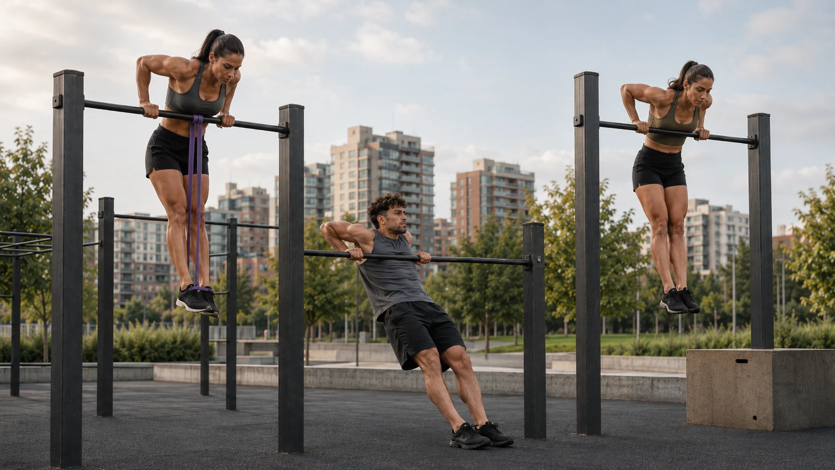 Progresiones asistidas de muscle-up con banda, transición baja y apoyo sobre la barra