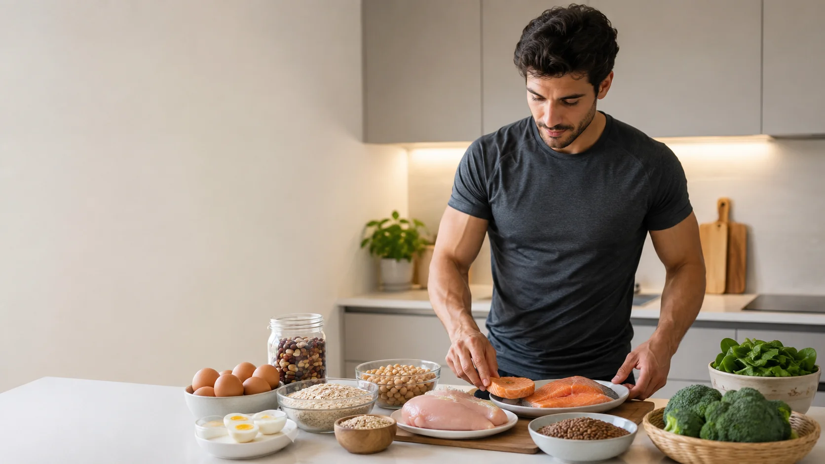 Alimentos ricos en proteína organizados en una cocina