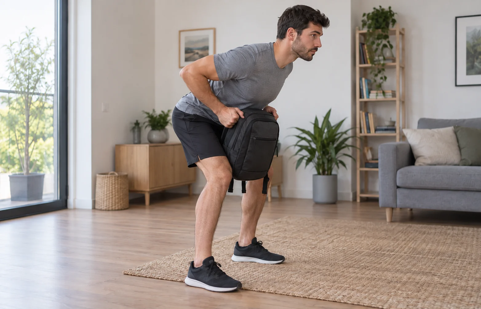 Remo con mochila para principiantes en casa con espalda estable y movimiento controlado hacia el abdomen