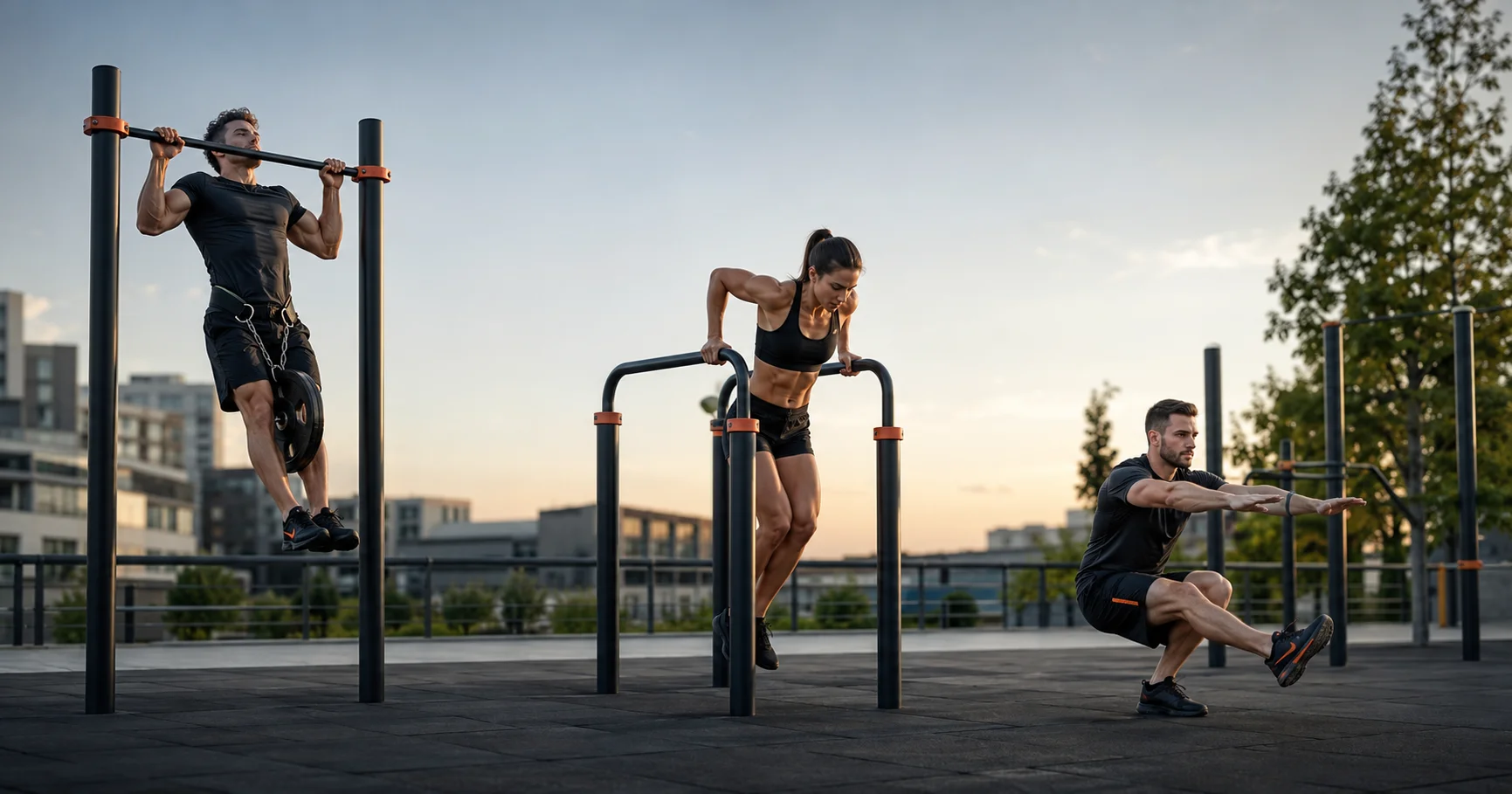 Atletas avanzados entrenando dominadas lastradas, fondos y pistol squat en un parque de calistenia