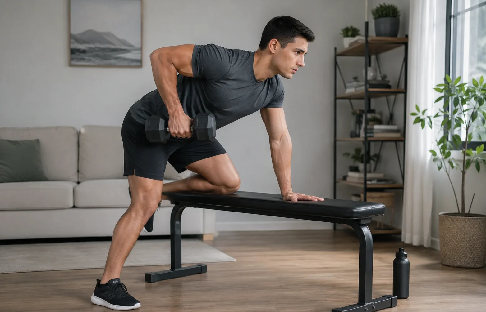 Persona principiante realizando un ejercicio de espalda en casa