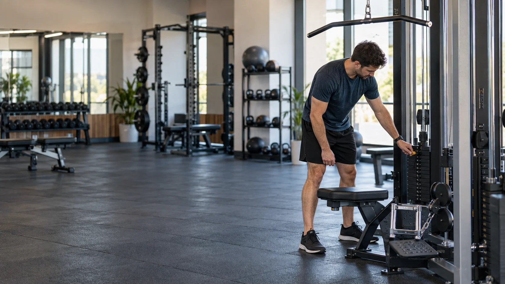 Principiante preparando una rutina de espalda en un gimnasio con máquina de poleas